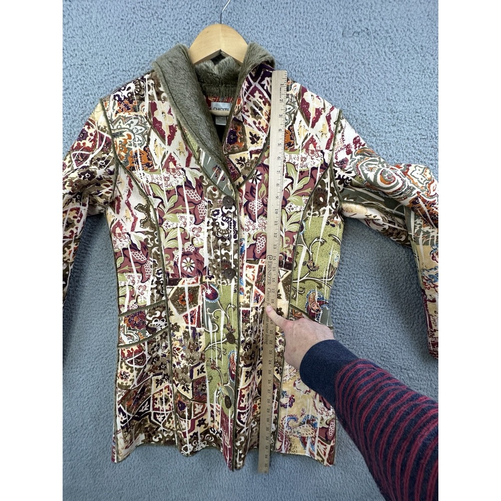 Chico's Vintage Paisley Print Faux Fur Lined Coat Jacket Boho Art To Wear Size 1 - Picture 10 of 11